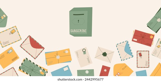Creative style handwritten letter subscribe illustration, cartoon greeting post card newsletter background, trendy craft postcard social media template, flat paper envelope design for promotion.