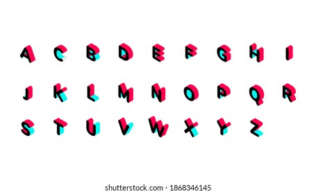 Creative style isometric 3d alphabet isolated on white background. Tik Tok color letters of the social network. Vector illustration