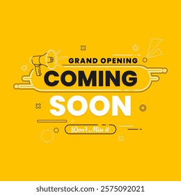 Creative and stylish coming soon design featuring megaphone with spotlight and lighting effects isolated on abstract background