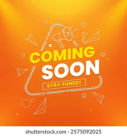 Creative and stylish coming soon design featuring megaphone with spotlight and lighting effects isolated on abstract background