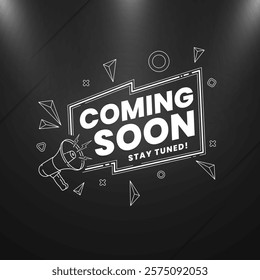 Creative and stylish coming soon design featuring megaphone with spotlight and lighting effects isolated on abstract background