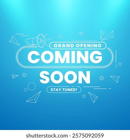 Creative and stylish coming soon design featuring megaphone with spotlight and lighting effects isolated on abstract background