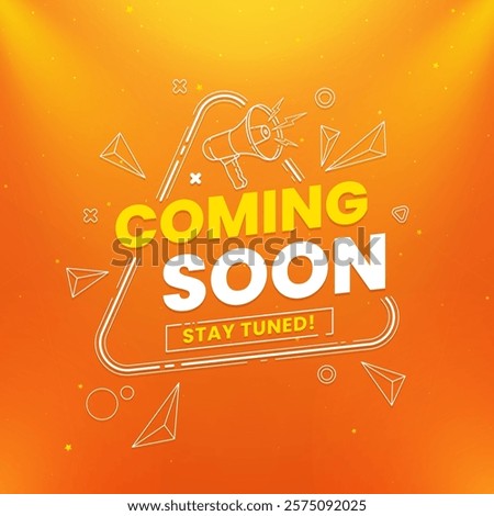 Creative and stylish coming soon design featuring megaphone with spotlight and lighting effects isolated on abstract background
