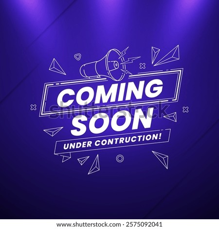 Creative and stylish coming soon design featuring megaphone with spotlight and lighting effects isolated on abstract background