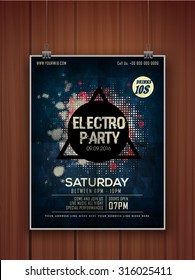 Creative stylish hanging flyer, banner or template on wooden background for Electro Party celebration.