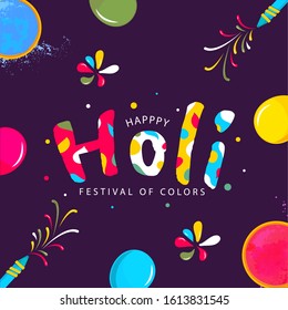 Creative Stylish Happy Holi Text with Top View Color Bowls, Balloons and Water Gun (Pichkari) on Purple Background for Festival Of Colors Celebration.
