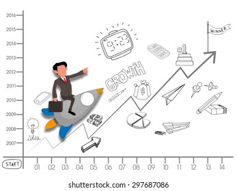 Creative stylish illustration of a growing chart with a young businessman flying on rocket and trying to reach his success goal.