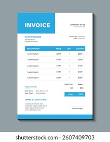 Creative stylish invoice design template, Corporate Office Template Vector for Billing and Invoicing, Financial Invoice and Receipt Template Vector for Businesses. blue color minimal business invoice,