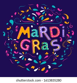 Kreativer, stylischer Mardi Gras-Text, der mit farbenfrohen Arkaden auf violettem Hintergrund dekoriert ist.