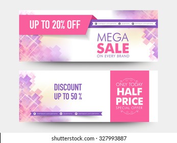Creative stylish mega sale website header or banner set with 20% and 50% discount offer.