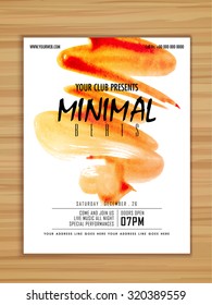 Creative stylish Minimal Beats, Music Party celebration flyer, banner or template with orange paint stroke.