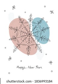 Creative stylish minimalistic new year postcard with snowflake and lettering Yappy New Year. Christmas and New Year postcards. Hand Drawn style. Flat doodle holiday postcards template