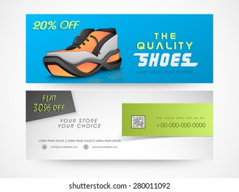 Creative stylish shoe sale website header or banner set with discount offer.
