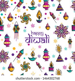 Texto creativo y elegante de "Feliz Diwali". Ilustración del doodle de elementos del festival hindú para el afiche o diseño de pancartas de Diwali.