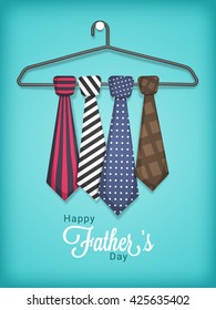 Creative stylish Ties set on hanger, shiny sky blue background for Happy Father's Day celebration.