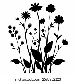 A creative and stylish vector of wildflower silhouettes on a clean white background, perfect for use in invitations, posters, and nature-themed designs.