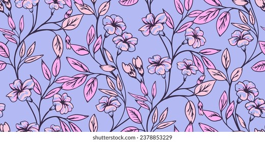 Creative, stylized blooming floral branches seamless pattern. Vector hand drawn. Simple flowers branches with leaves on a blue back. Template for design fabric, interior decor, fashion, wallpaper