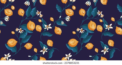 Creative, stylized blooming floral lemon branches seamless pattern. Vector hand drawn. Summer Illustration fruits for print on a dark background.  Template for design fabric, interior decor, fashion