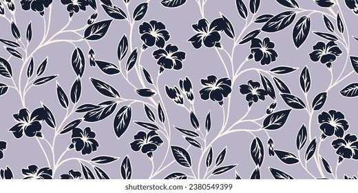 Creative, stylized blooming floral stem seamless pattern. Vector hand drawn. Simple flowers branches with leaves on a grey back. Template for design fabric, interior decor, fashion, wallpaper