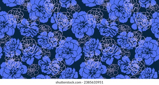 Creative, stylized blue flowers buttercups, pansies seamless pattern on dark back. Vector hand drawn shape, lines, outline, silhouettes floral print. Template for design, fabric, fashion