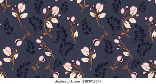 Creative stylized branches with abstract berries seamless pattern. The trendy elegance dark print. Vector hand drawn sketch. Template for design, textile, fashion, surface design, fabric