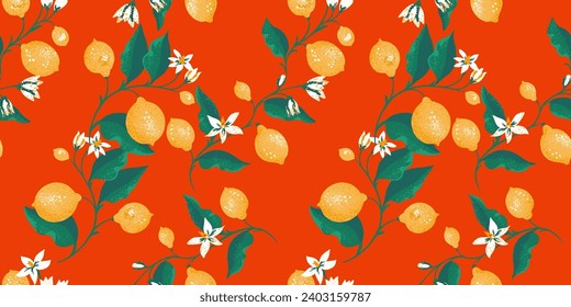 Creative, stylized branches leaves with lemon, lime and flowers seamless pattern. Vector hand drawn. Colorful simple floral stem printing. Summer Illustration fruits for print on a red background. 