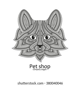 Creative stylized cat head in ethnic boho style. Good for logo, ornamental tattoo, t-shirt design. Animal background. Highly detailed abstract hand drawn style. Text Pet Shop. Vector illustration