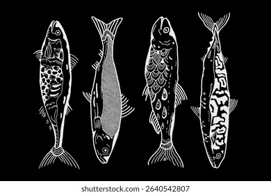 Creative Stylized Fish Illustrations with Unique Patterns – Line Art