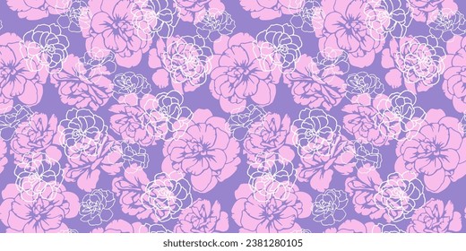 Creative, stylized flowers buttercups, pansies seamless pattern. Vector hand drawn. Monotone pastel purple abstract shape, lines, outline, silhouettes flowers. Template for design, fabric, fashion,