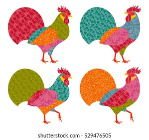 Creative stylized roosters in patchwork style. 2017 New Year symbol red cock. Vector illustration