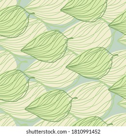 Creative stylized seamless outline leaf silhouettes. Green and yellow pastel light figures on blue background. Designed for wallpaper, textile, wrapping paper, fabric print. Vector illustration.