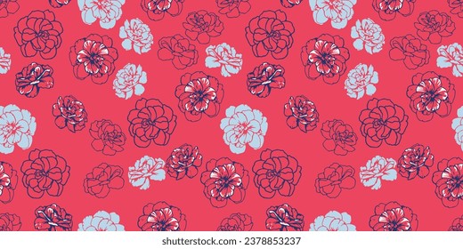 Creative, stylized, simple flowers buttercups, pansies seamless pattern on a red back. Vector hand drawn shape, lines, and silhouettes  floral. Template for design, fabric, fashion, surface design