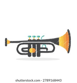 A creative stylized vector illustration of a trumpet musical instrument featuring a sketch like texture and vibrant color details