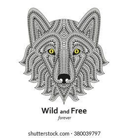 Creative stylized wolf head in ethnic boho style. Good for logo, ornamental tattoo, t-shirt design. Animal background. Highly detail abstract hand drawn style. Text wild and free. Vector illustration