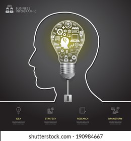 Creative success light bulb abstract infographic modern design. Cable with plug and an bulb form a profile of the person. thinking.
