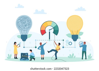 Creative success solution, insight and imagination vector illustration. Cartoon tiny people work with innovation system, connecting with wires dark light bulb with tangle inside to bright lamp