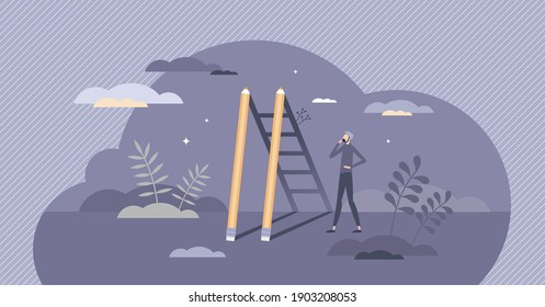 Creative success and stairway to work project achievement tiny person concept. Growth and development using innovative professional strategy vector illustration. Pencils as ladders or stairs in shadow