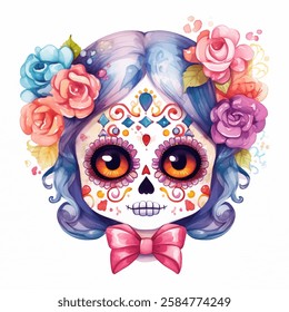 Creative sugar skull adorned with bright flowers and intricate patterns, embodying the spirit of tradition and festivity, artistic watercolor illustration