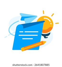 Creative suggestion concept illustration. Light bulb for idea, paper plane for sending feedback, notebook for writing thoughts. blogs, websites, presentations, and business communication materials