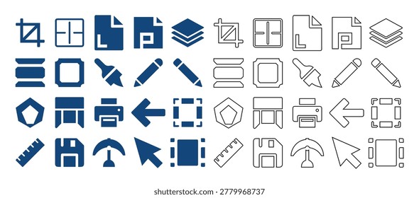 Creative suite of vector graphic design tools interface elements and document management icons.