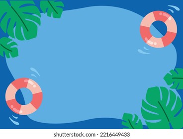 Creative summer background made of colorful tropical leaves, pool, and inner tubes. 