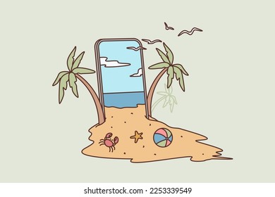 Playa creativa de verano en smartphone. Viaje de vacaciones en verano en la isla de la playa tropical, palmeras y anillo de nado. Ilustración vectorial.