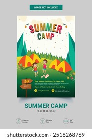 Flyer de acampamento de verão criativo, modelo de design de panfleto de acampamento de verão para crianças, banner de acampamento ou design gráfico promocional de cartaz