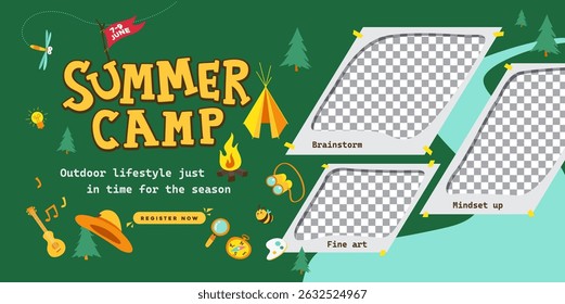 Creative summer camp poster with forest background paper frame layout and playful icons Perfect for kids events school activities and educational promotions
