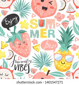 Creative summer collage. Seamless pattern with cute pineapple, peach, strawberry, dragon fruit characters with kawaii face. Texture for textile, postcard, wrapping paper, packaging etc. Vector.