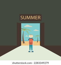Creative summer design. A man stands in front of an open door through which palm trees, the beach, the sea are visible. The concept of summer holidays, recreation. Vector illustration.