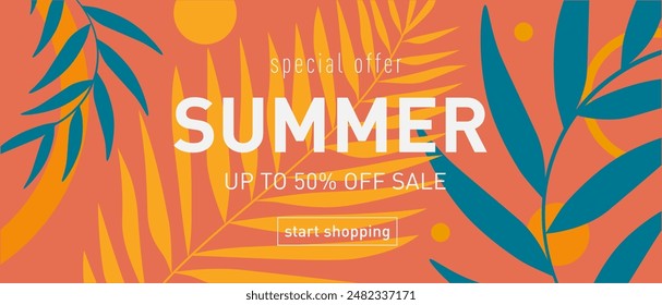 Creative Summer Design Set with Tropical Patterns, Circles, and Lines. Modern Abstract Background for Advertising, Web, Social Media, Posters, Banners, and Covers. Sale Offer 50%.