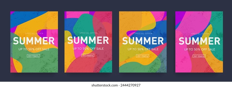 Creative Summer Geometric Set of Yellow, Green, Pink, Purple Colors. Background Abstract Stripe Art for Celebration, Ads, Branding, Banner, Cover, Label, Poster. Sale offer 50% with Gradient Liquid