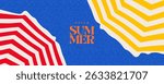 Creative summer holiday concept with bright striped yellow and red beach umbrellas against clear blue sky. Trendy summer design for poster, cover, ads, web banner or header