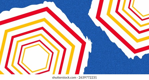 Creative summer holiday concept with bright striped yellow and red beach umbrellas against clear blue sky.